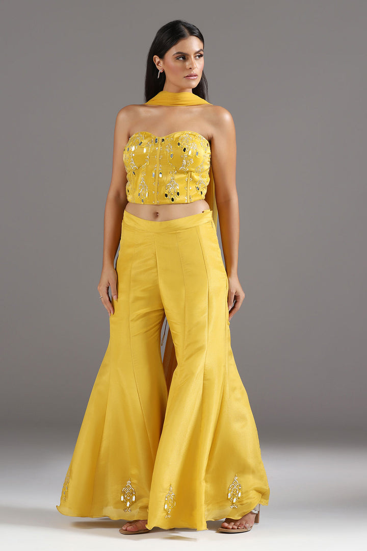 Haldi Yellow Mirrorwork Corset with a tie up back, soft Tissue High Waisted Sharara Pants and Dupatta
