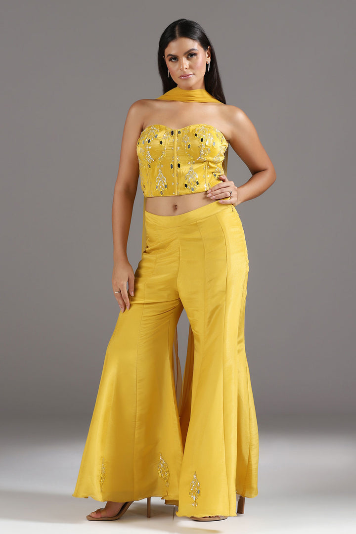 Haldi Yellow Mirrorwork Corset with a tie up back, soft Tissue High Waisted Sharara Pants and Dupatta