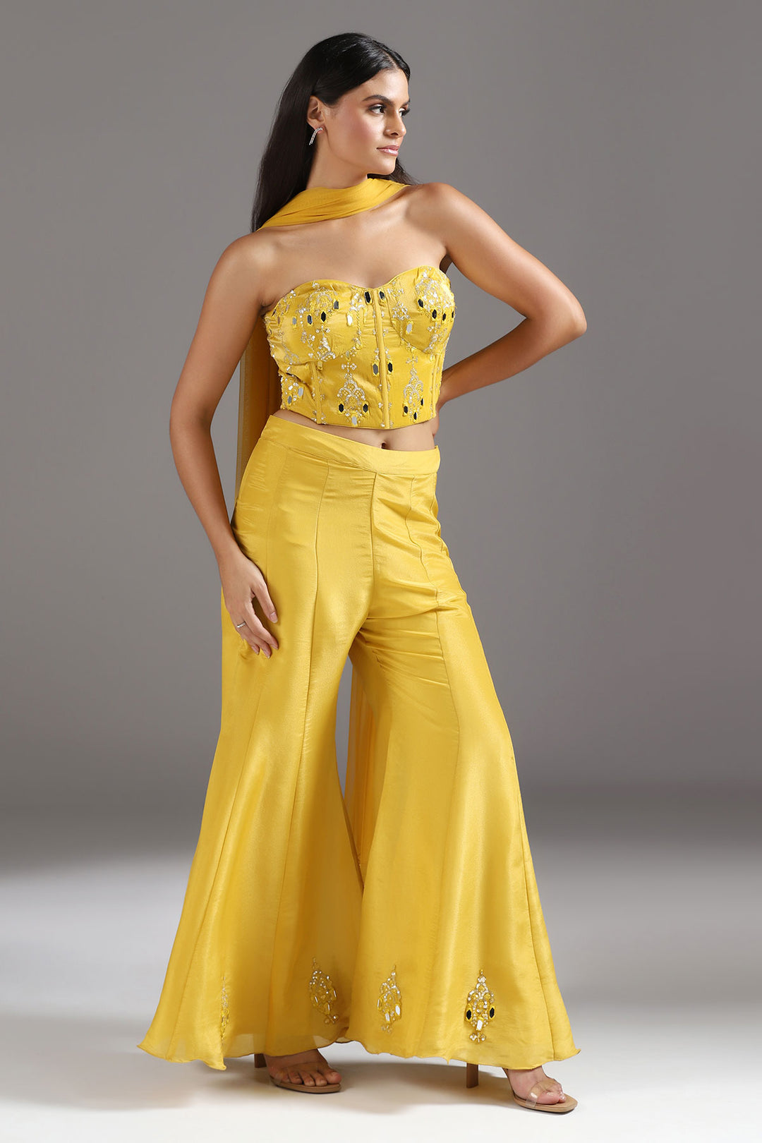 Haldi Yellow Mirrorwork Corset with a tie up back, soft Tissue High Waisted Sharara Pants and Dupatta