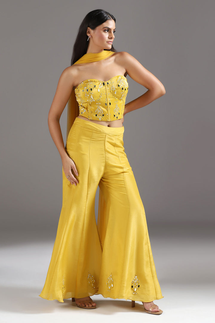Haldi Yellow Mirrorwork Corset with a tie up back, soft Tissue High Waisted Sharara Pants and Dupatta