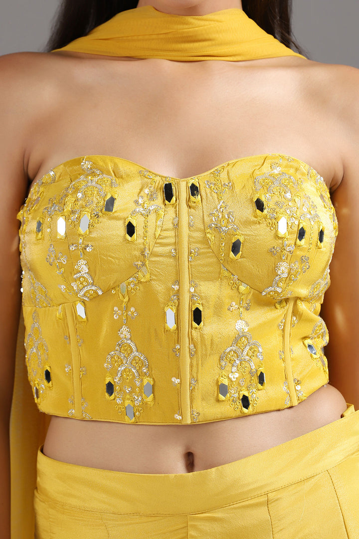 Haldi Yellow Mirrorwork Corset with a tie up back, soft Tissue High Waisted Sharara Pants and Dupatta