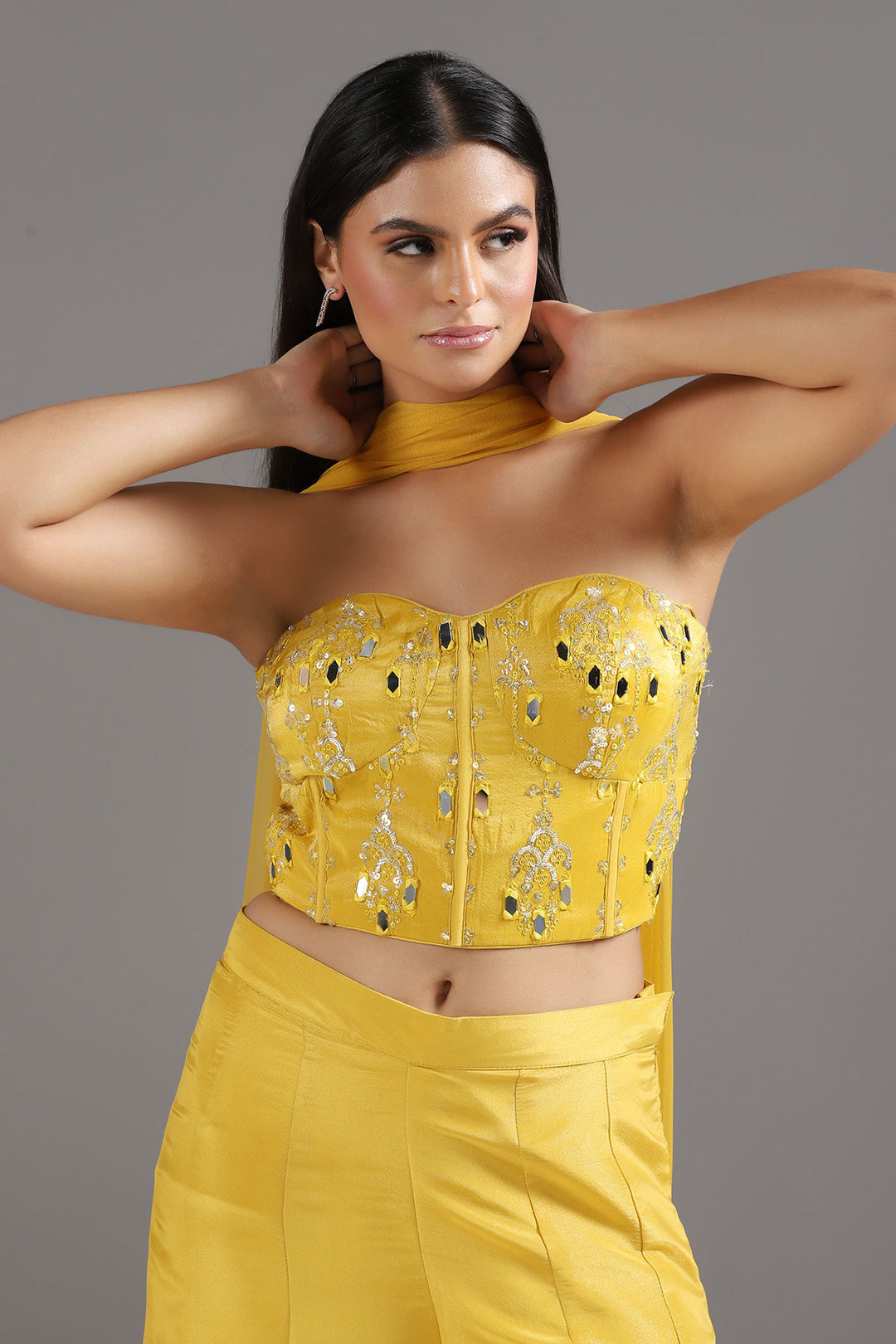 Haldi Yellow Mirrorwork Corset with a tie up back, soft Tissue High Waisted Sharara Pants and Dupatta
