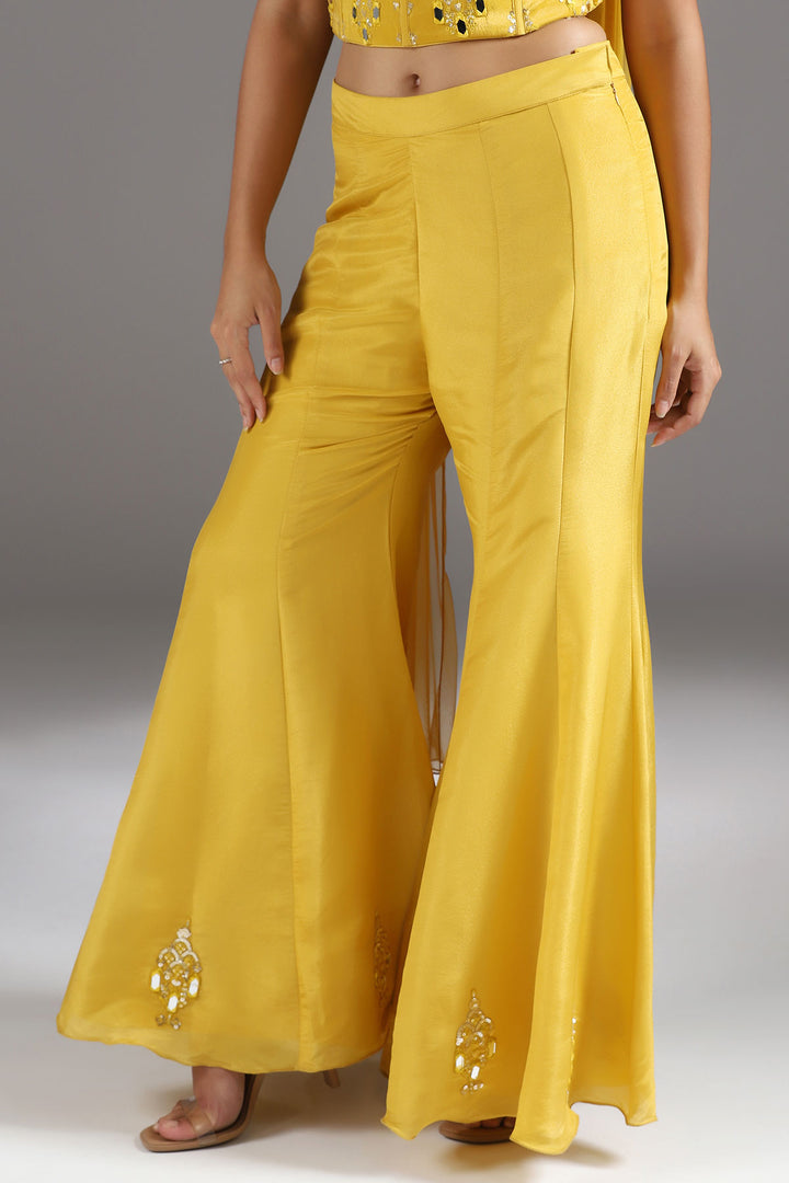 Haldi Yellow Mirrorwork Corset with a tie up back, soft Tissue High Waisted Sharara Pants and Dupatta