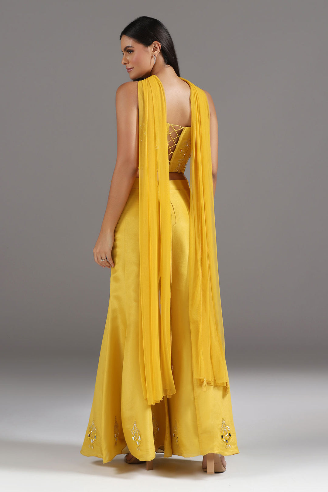 Haldi Yellow Mirrorwork Corset with a tie up back, soft Tissue High Waisted Sharara Pants and Dupatta