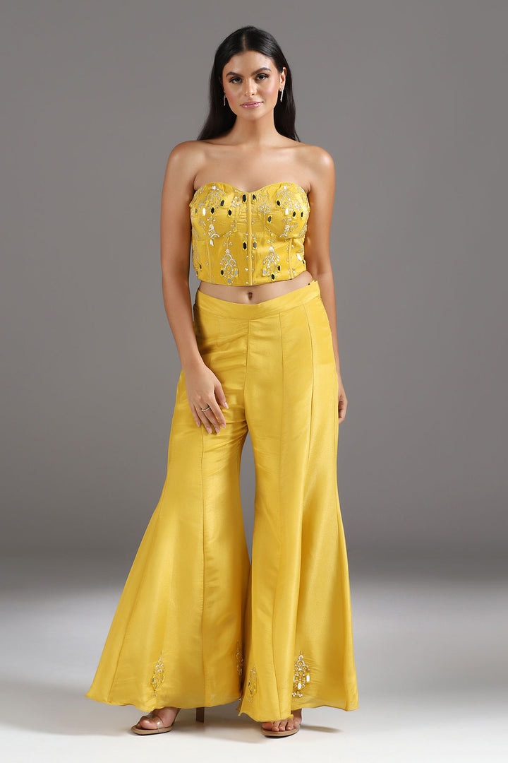 Haldi Yellow Mirrorwork Corset with a tie up back, soft Tissue High Waisted Sharara Pants and Dupatta