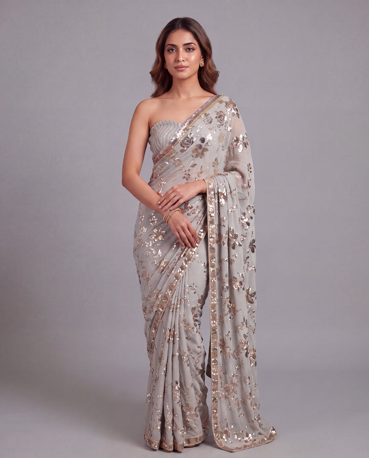 Celestial Bloom: Floral Sequin Embroidered Saree
