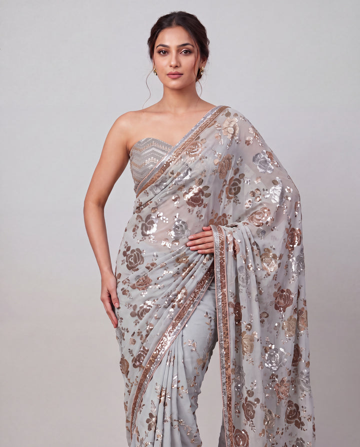 Celestial Bloom: Floral Sequin Embroidered Saree