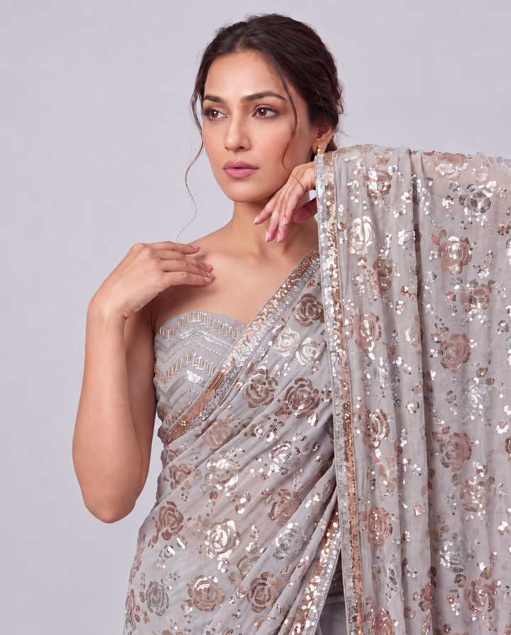 Celestial Bloom: Floral Sequin Embroidered Saree
