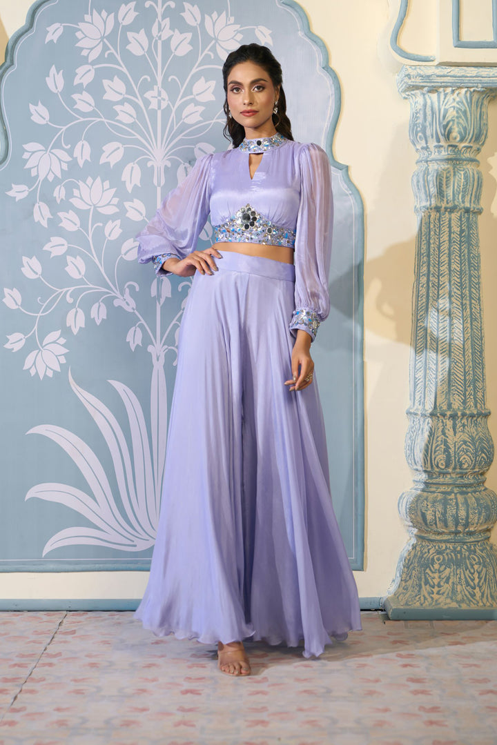 Embroidered Lavender Crop Top Sharara Set