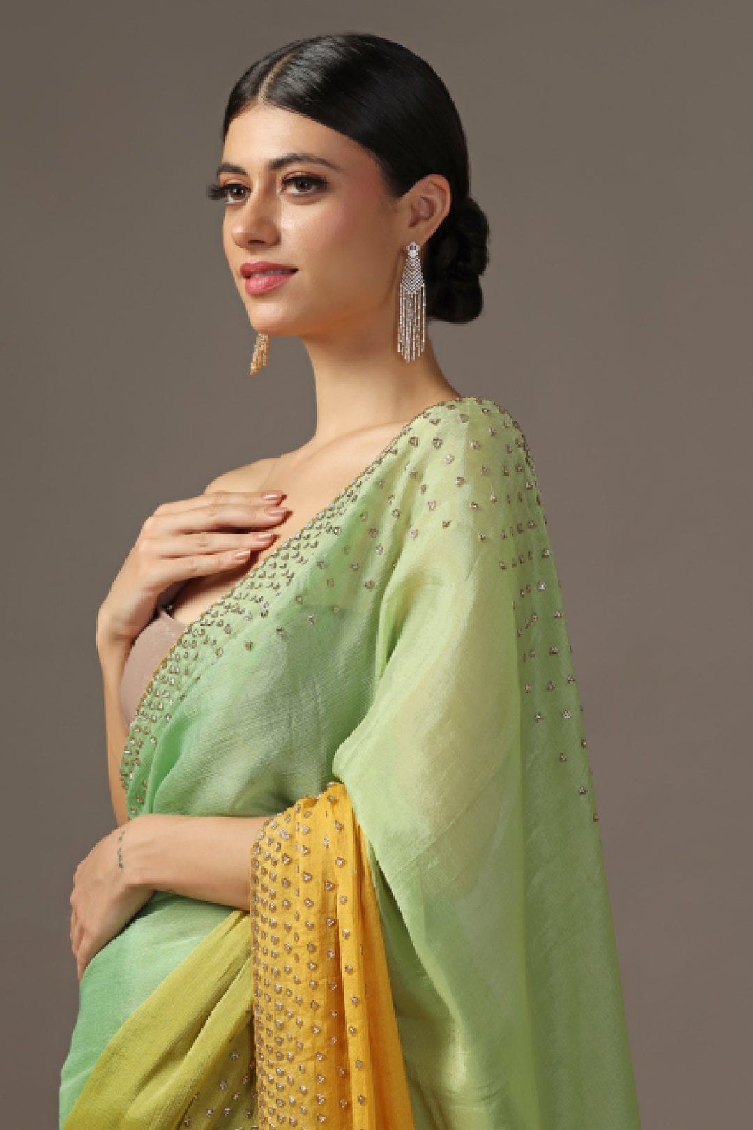 LIGHT  GREEN AND  YELLOW  OMBRE SAREE WITH A DELICATE GOLDEN BORDER