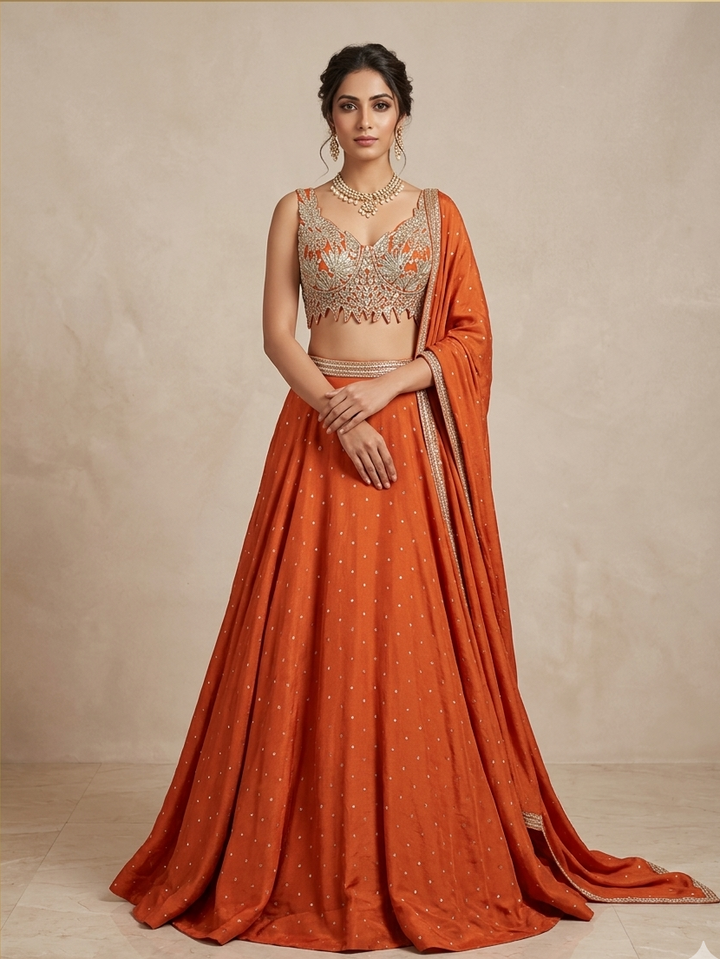 Orange Embellished Lehenga Set with Cutworked Blouse
