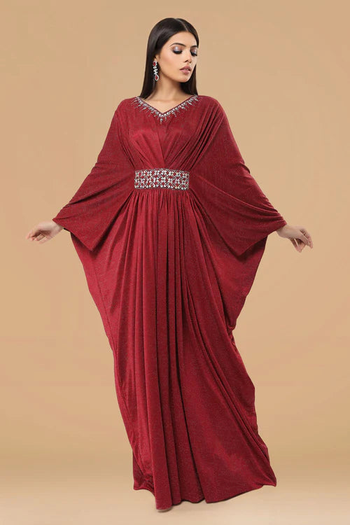 Maroon Textured Shimmer Fabric Kaftan Gown