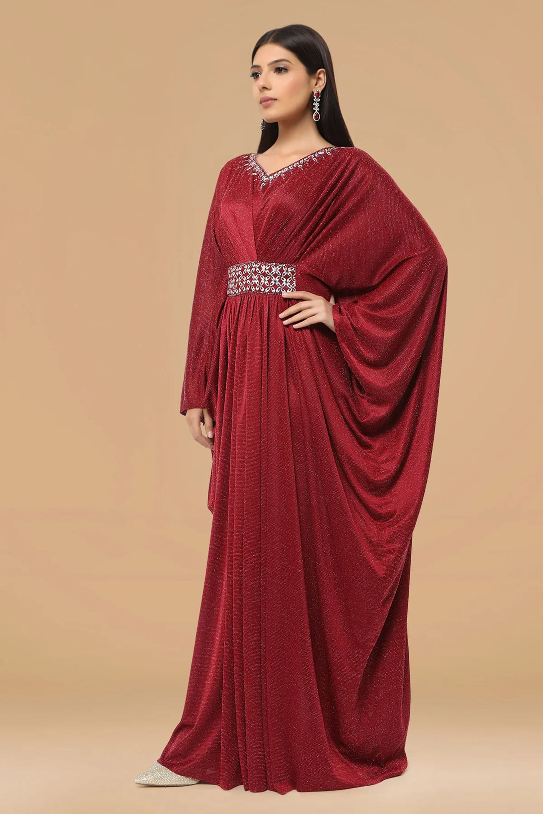 Maroon Textured Shimmer Fabric Kaftan Gown