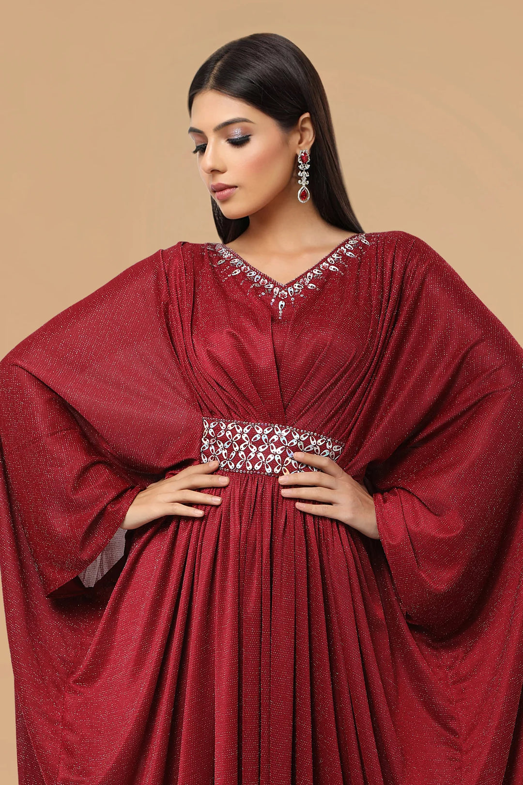 Maroon Textured Shimmer Fabric Kaftan Gown