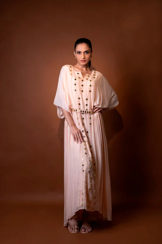 Peach Crepe Embroidered Kaftan with Belt