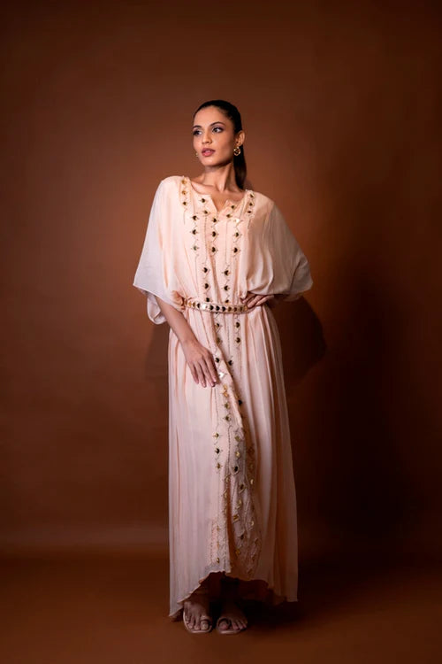 Peach Crepe Embroidered Kaftan with Belt