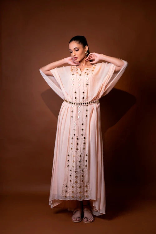 Peach Crepe Embroidered Kaftan with Belt