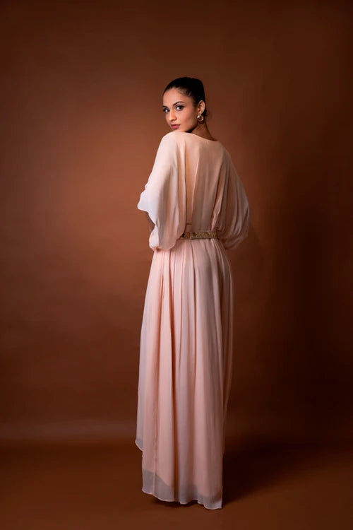 Peach Crepe Embroidered Kaftan with Belt