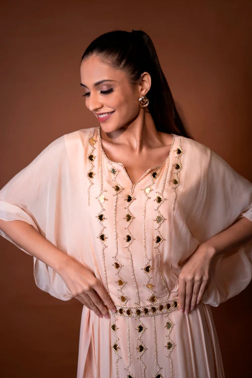 Peach Crepe Embroidered Kaftan with Belt