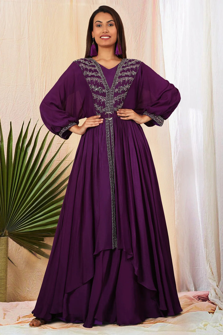 Deep Purple Double Layered Gown with Gunmetal Embroidery