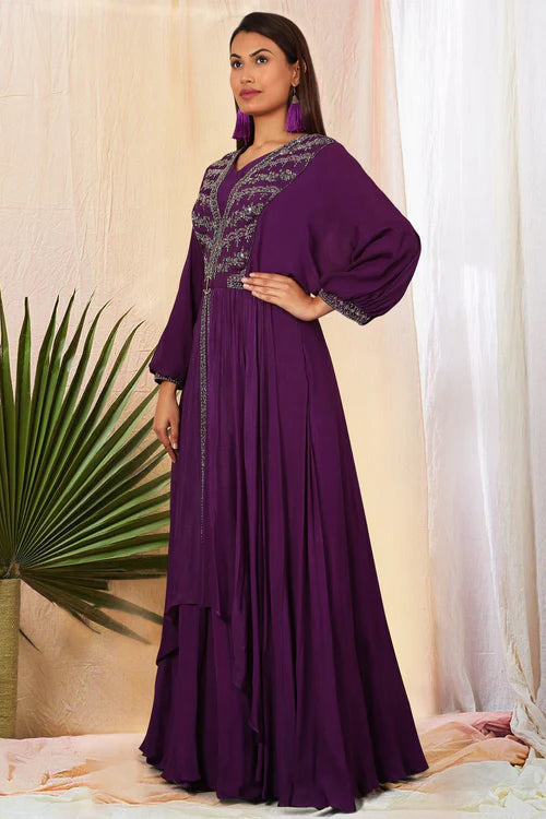 Deep Purple Double Layered Gown with Gunmetal Embroidery