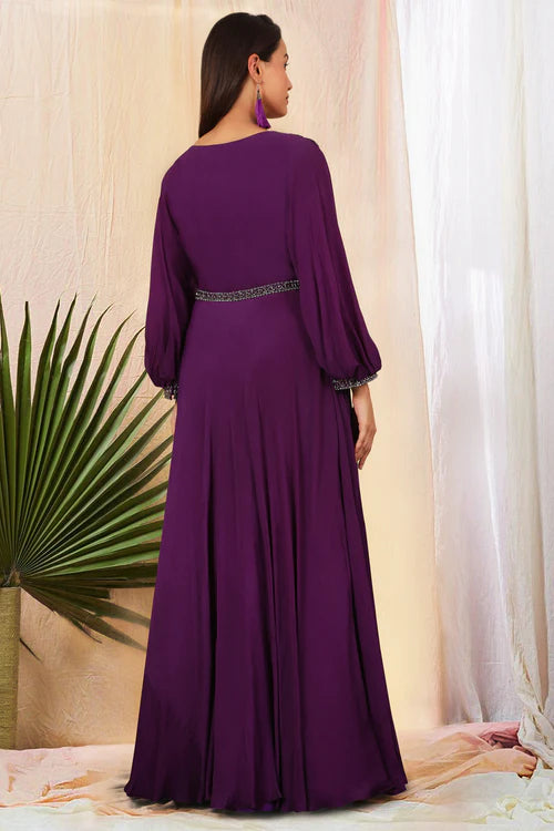 Deep Purple Double Layered Gown with Gunmetal Embroidery