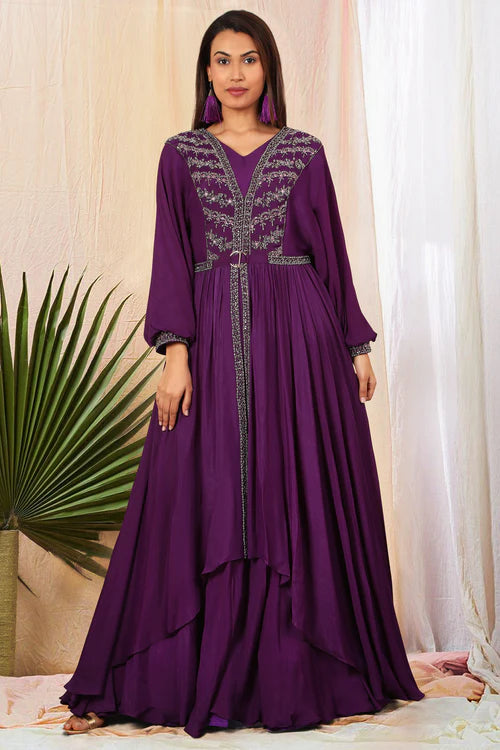 Deep Purple Double Layered Gown with Gunmetal Embroidery