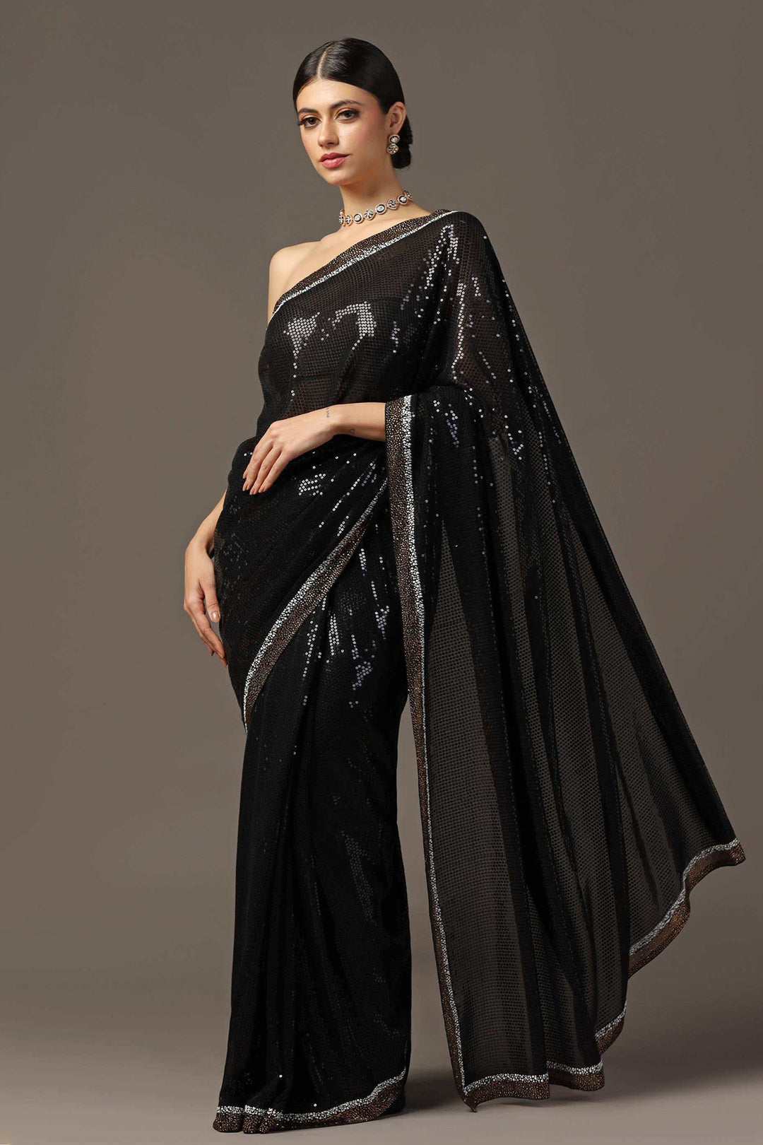 BLACK SEQUINS EMBROIDERED SAREE SET