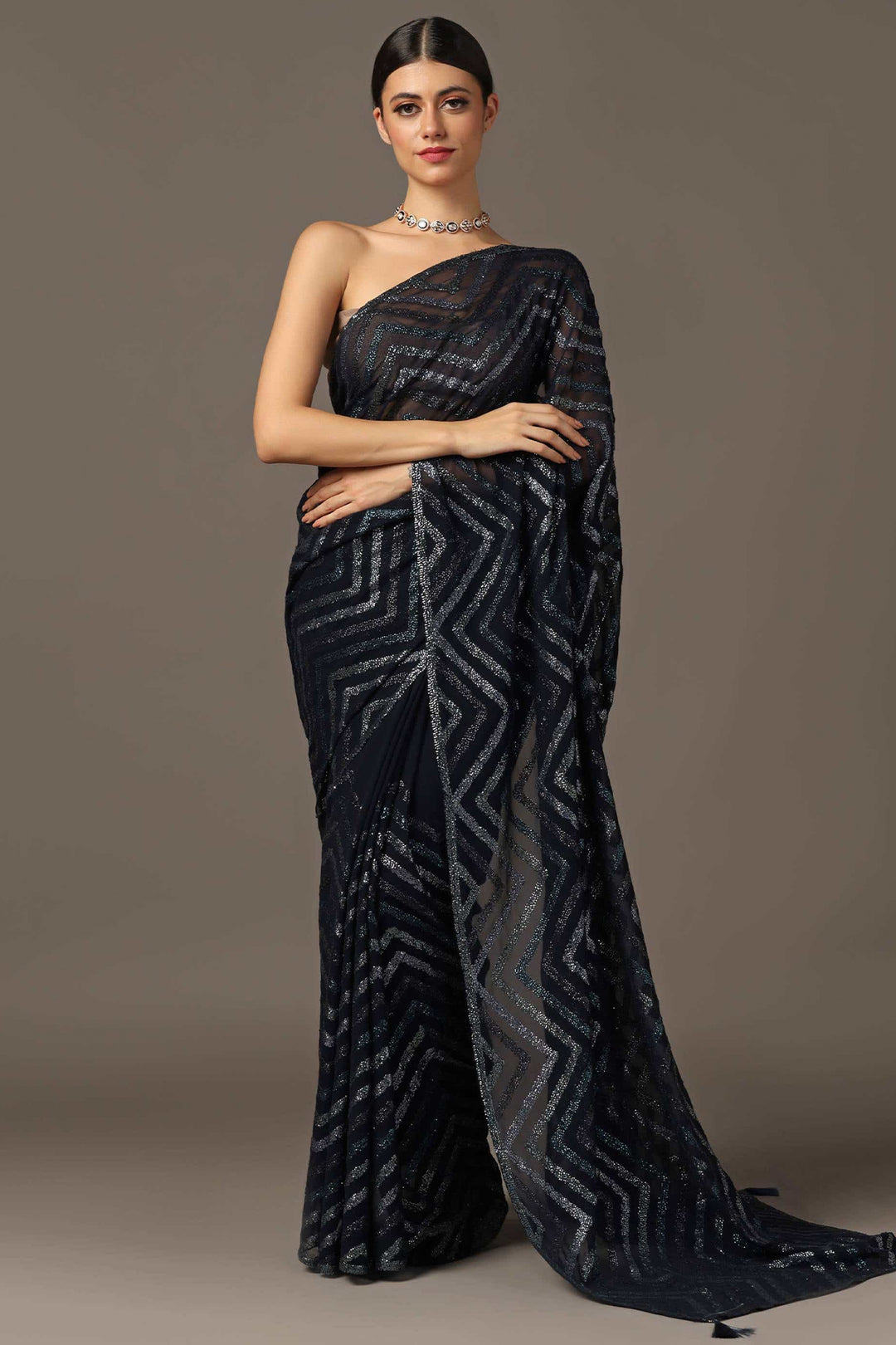 BLACK CHEVRON SEQUIN SAREE SET