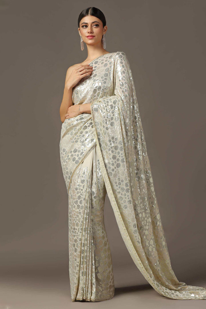 BEIGE SEQUIN EMBELLISHED SAREE SET