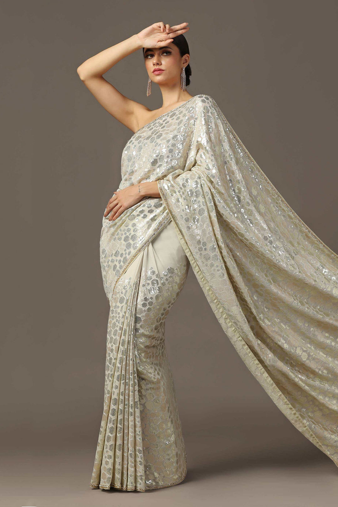 BEIGE SEQUIN EMBELLISHED SAREE SET