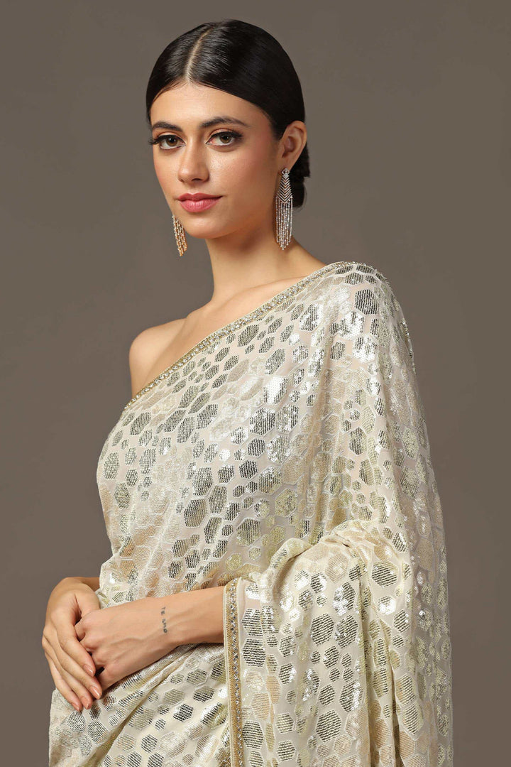 BEIGE SEQUIN EMBELLISHED SAREE SET