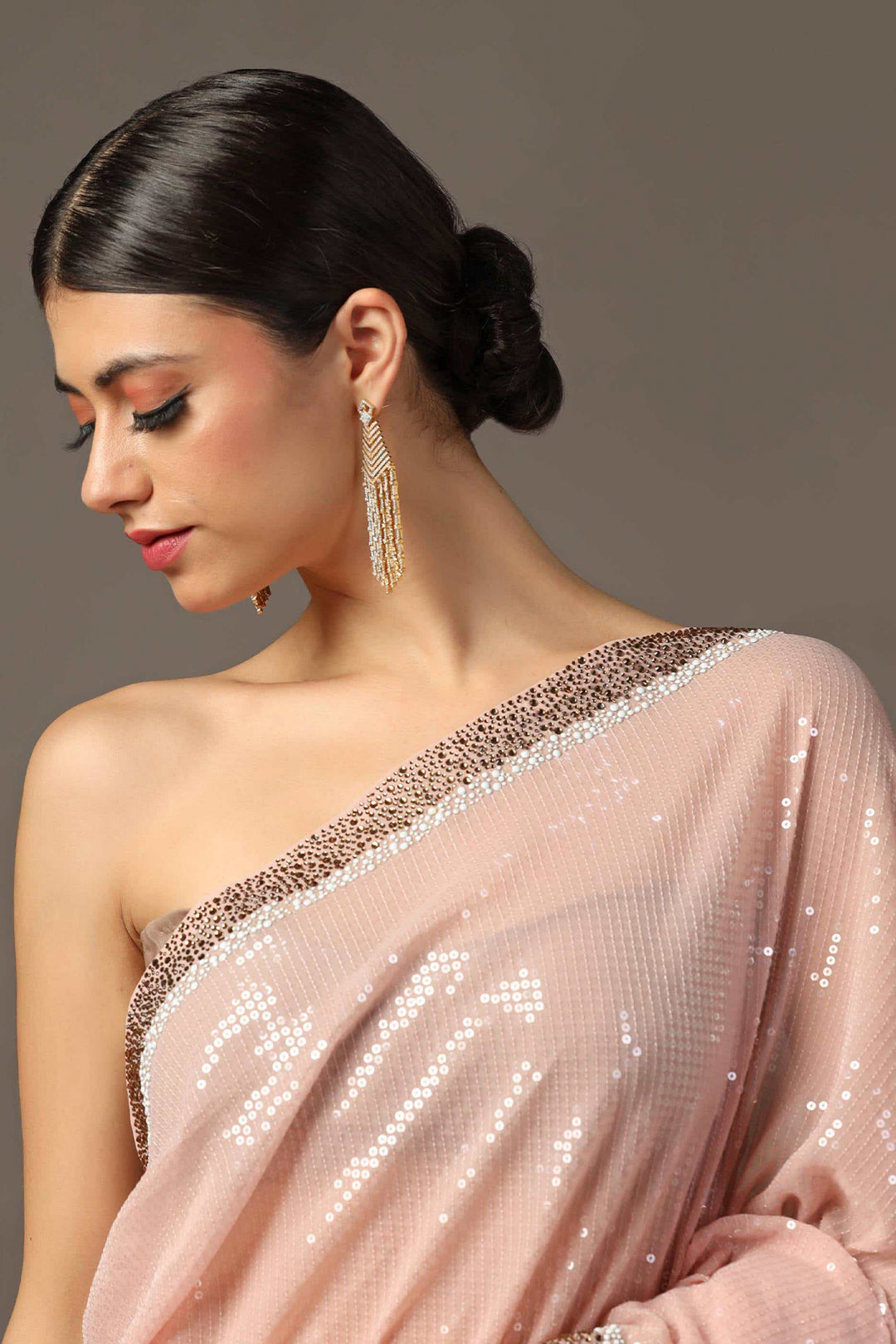 PEACH SEQUINS EMBROIDERED SAREE