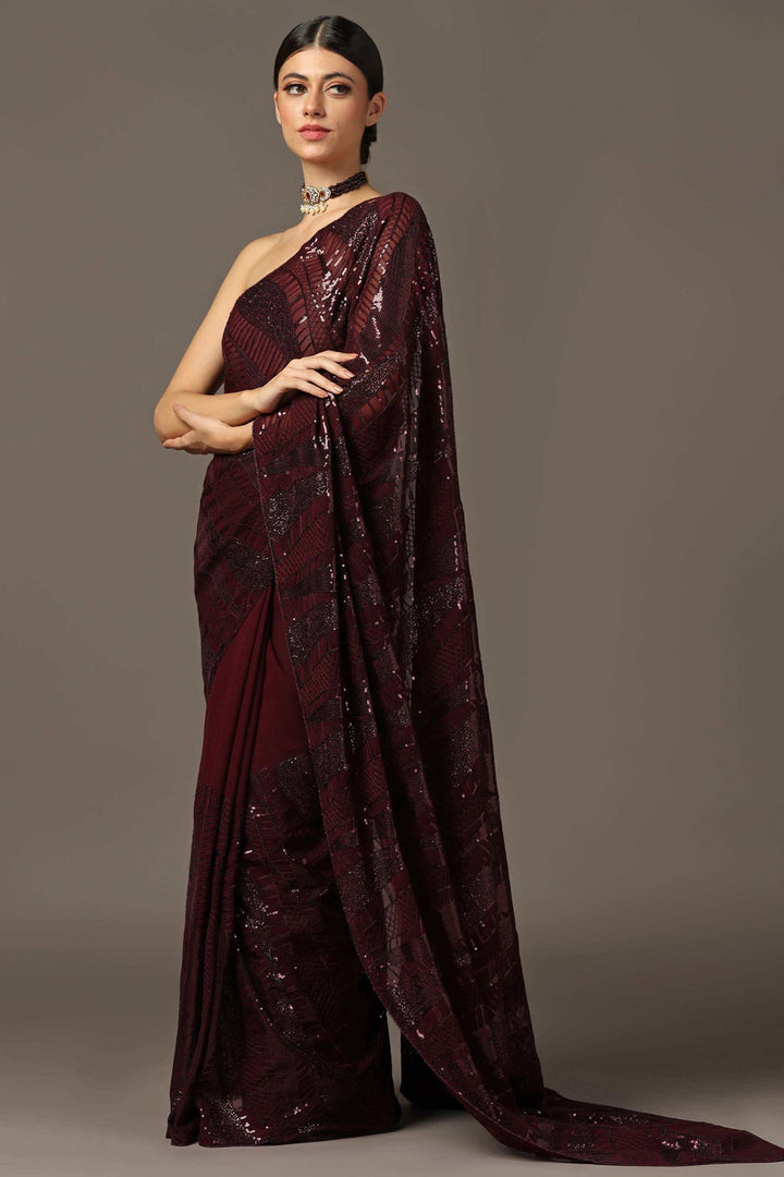 MAROON SEQUINS EMBROIDERED SAREE SET