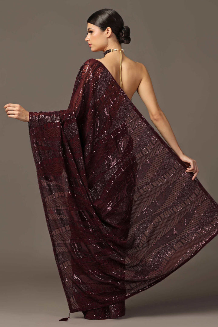 MAROON SEQUINS EMBROIDERED SAREE SET