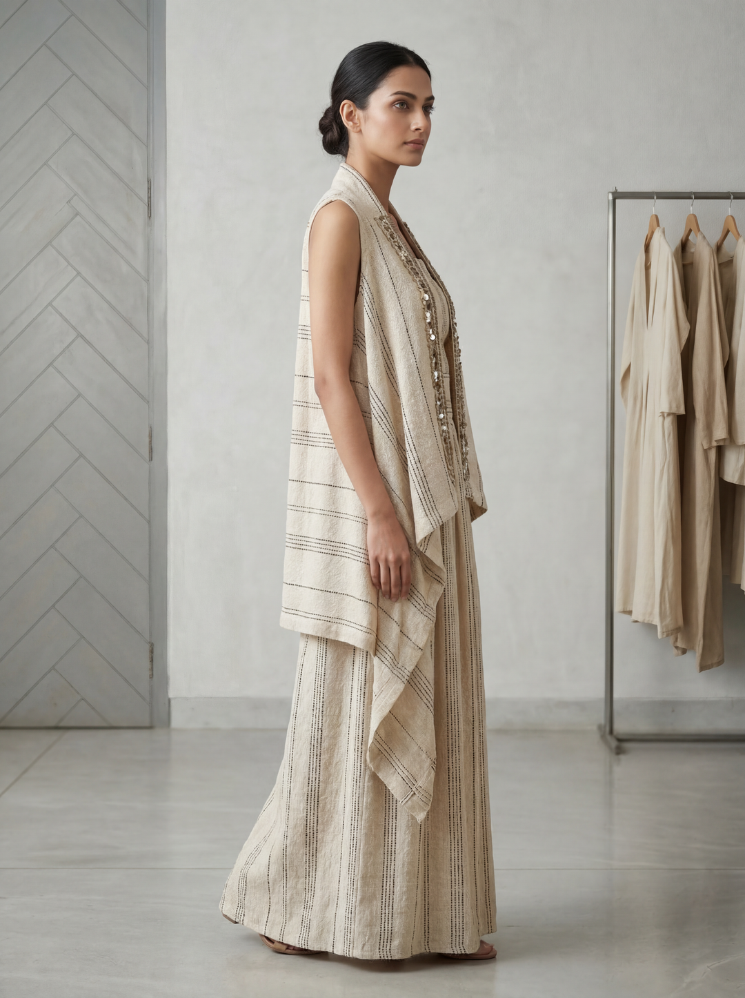 Ivory Beige Striped Co-Ord Set with Embellished Overlay