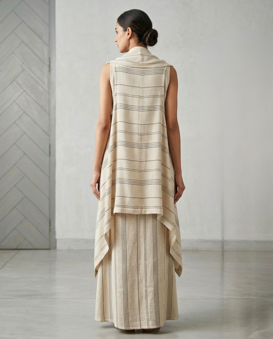 Ivory Beige Striped Co-Ord Set with Embellished Overlay