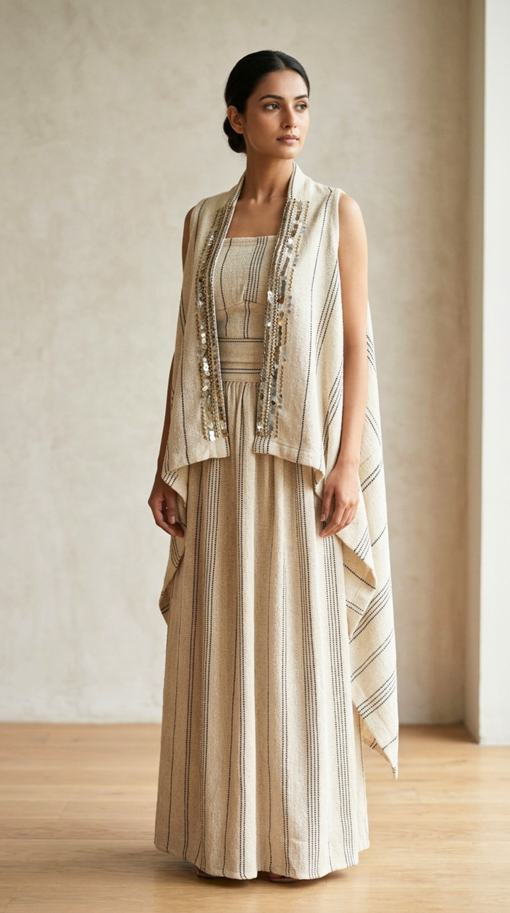 Ivory Beige Striped Co-Ord Set with Embellished Overlay