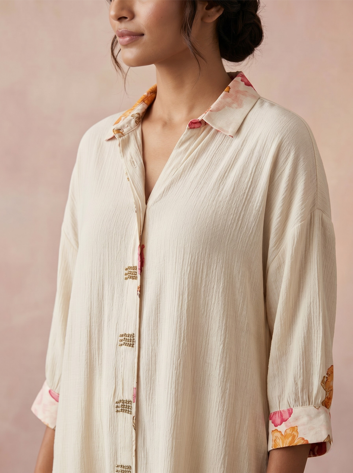 Ivory White Relaxed Kurta Set with Floral Contrast Detailing