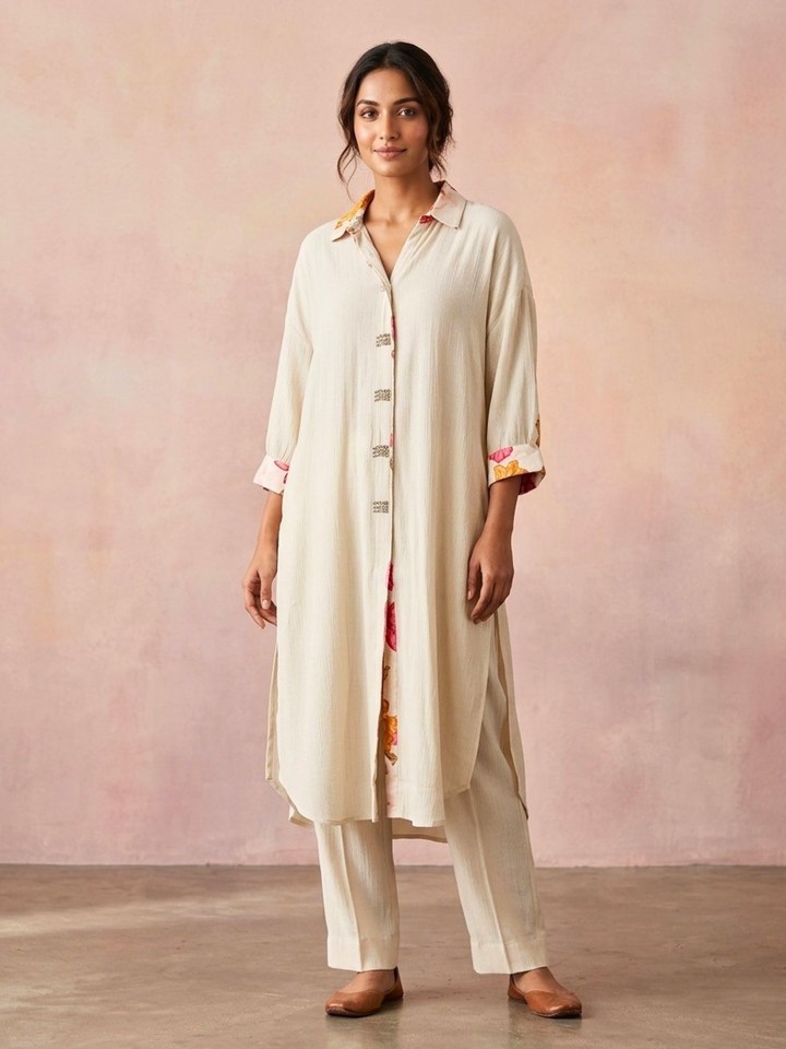 Ivory White Relaxed Kurta Set with Floral Contrast Detailing