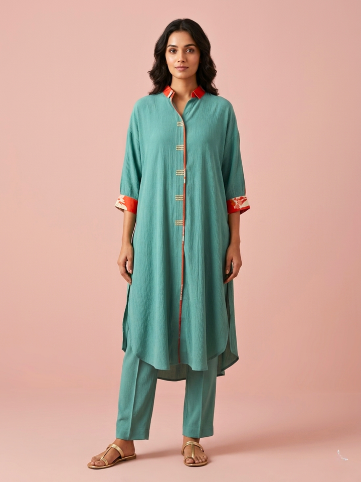 Sea Green Relaxed Kurta Set with Contrast Detail