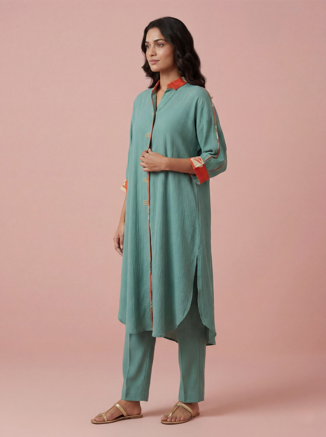 Sea Green Relaxed Kurta Set with Contrast Detail