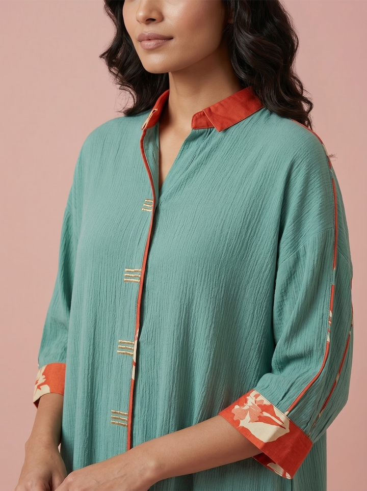 Sea Green Relaxed Kurta Set with Contrast Detail