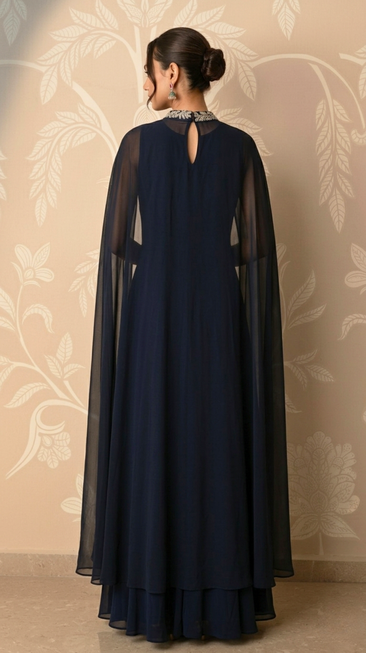 Midnight Grace Embroidered Cape Gown Set