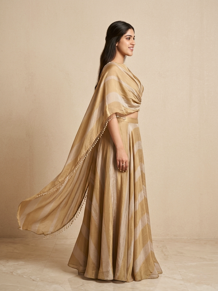 Molten Gold Draped Cape Lehenga