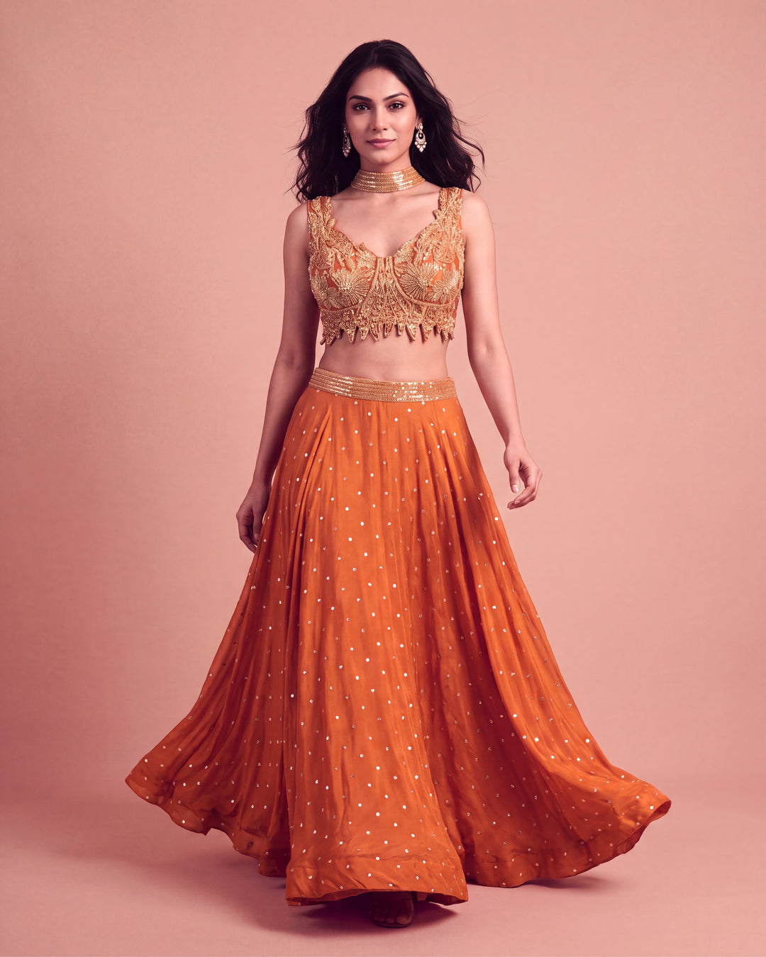 Orange Embellished Lehenga Set with Cutworked Blouse