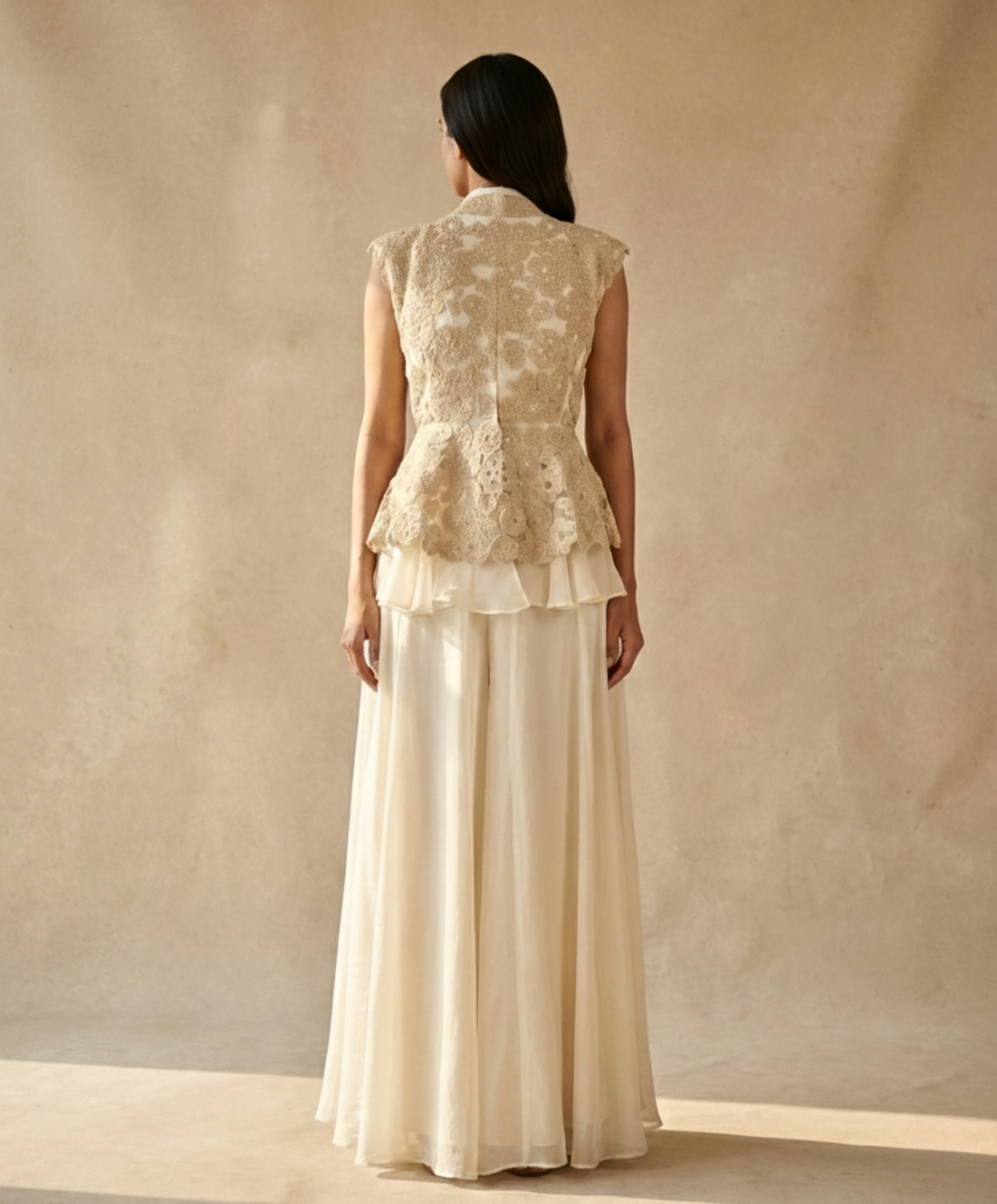 Ivory Embroidered Peplum Jacket with Layered Skirt Set