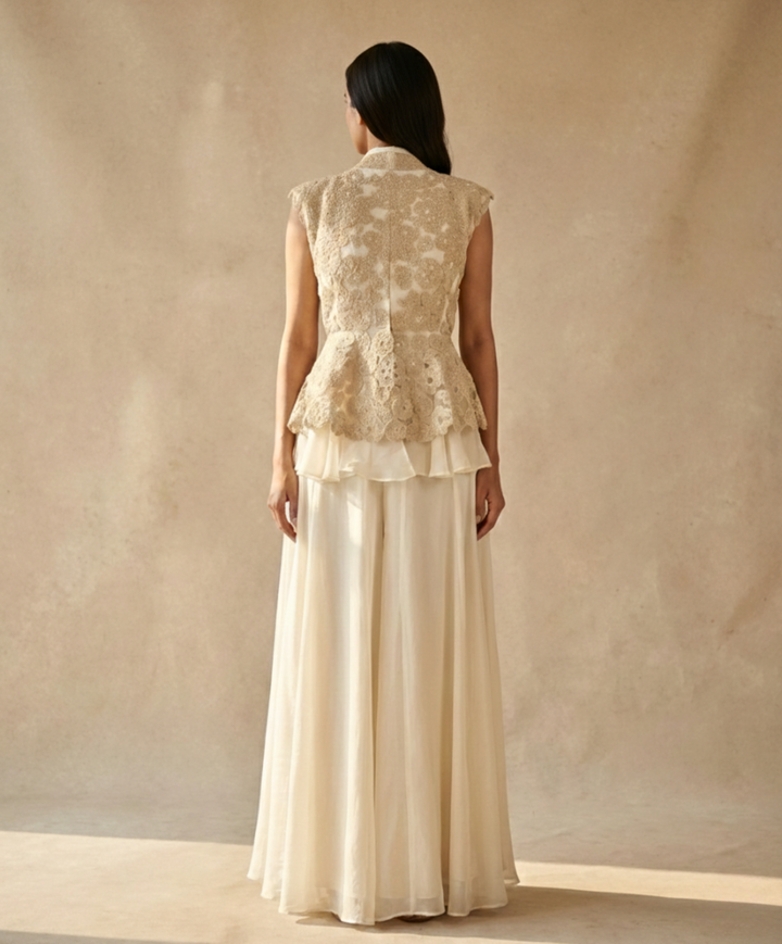 Ivory Embroidered Peplum Jacket with Layered Skirt Set