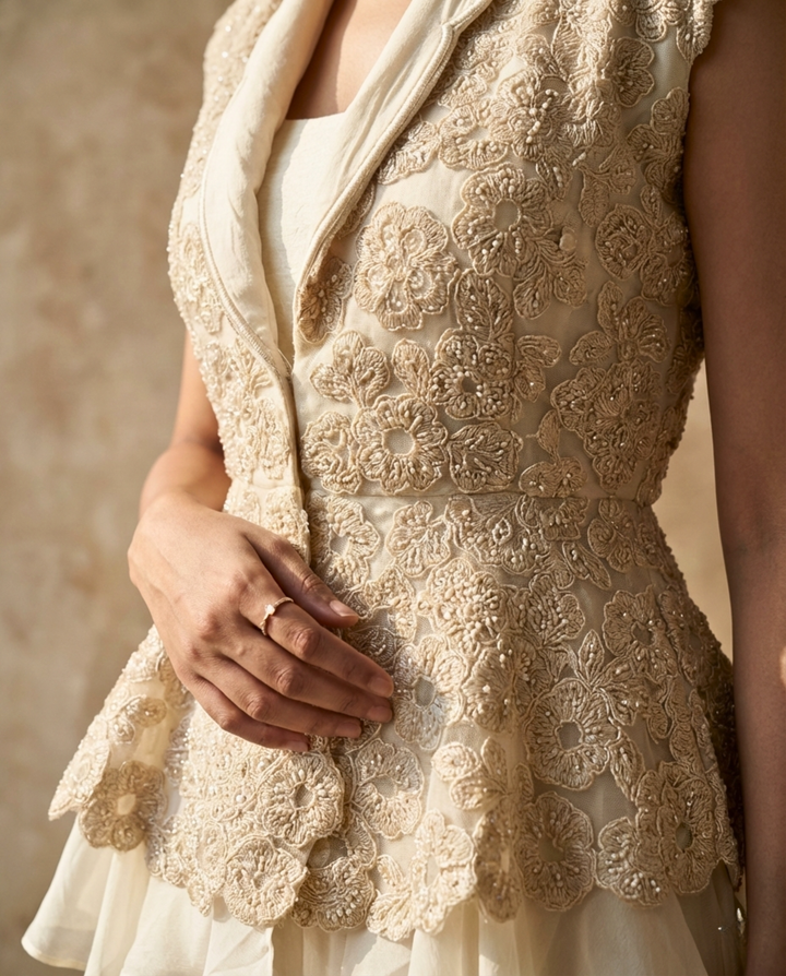 Ivory Embroidered Peplum Jacket with Layered Skirt Set