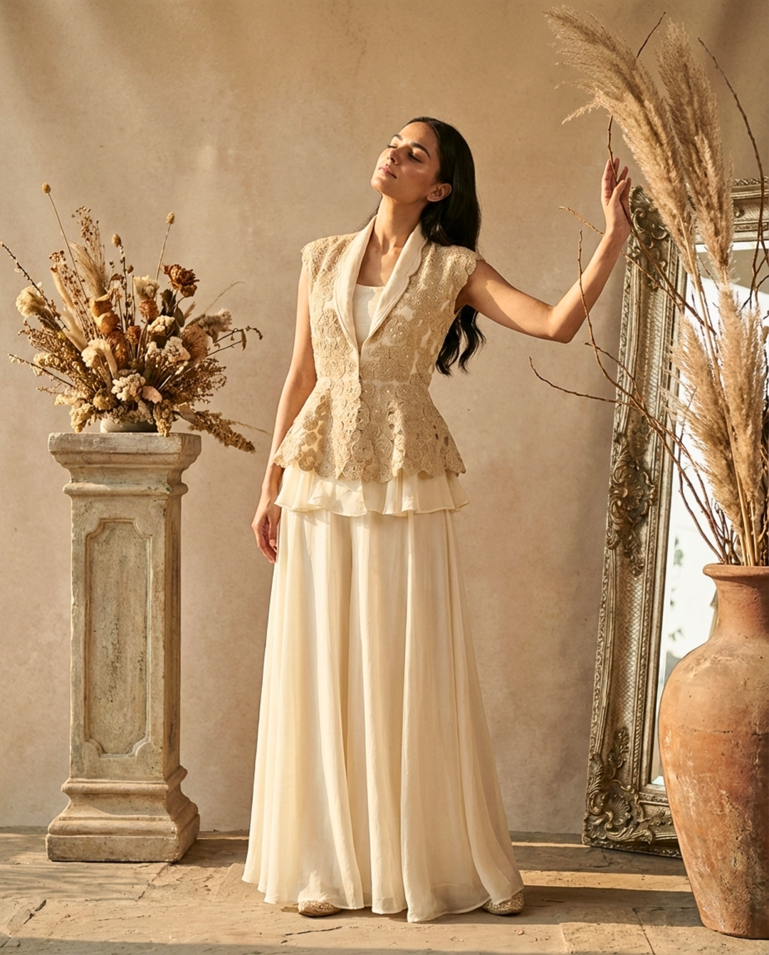 Two Sisters By Gyans Ivory Embroidered Peplum Jacket with Layered Skirt Set Nude / 6XL / Organza & Silk Two Sisters By Gyans Ivory Embroidered Peplum Jacket with Layered Skirt Set Nude / 6XL / Organza & Silk